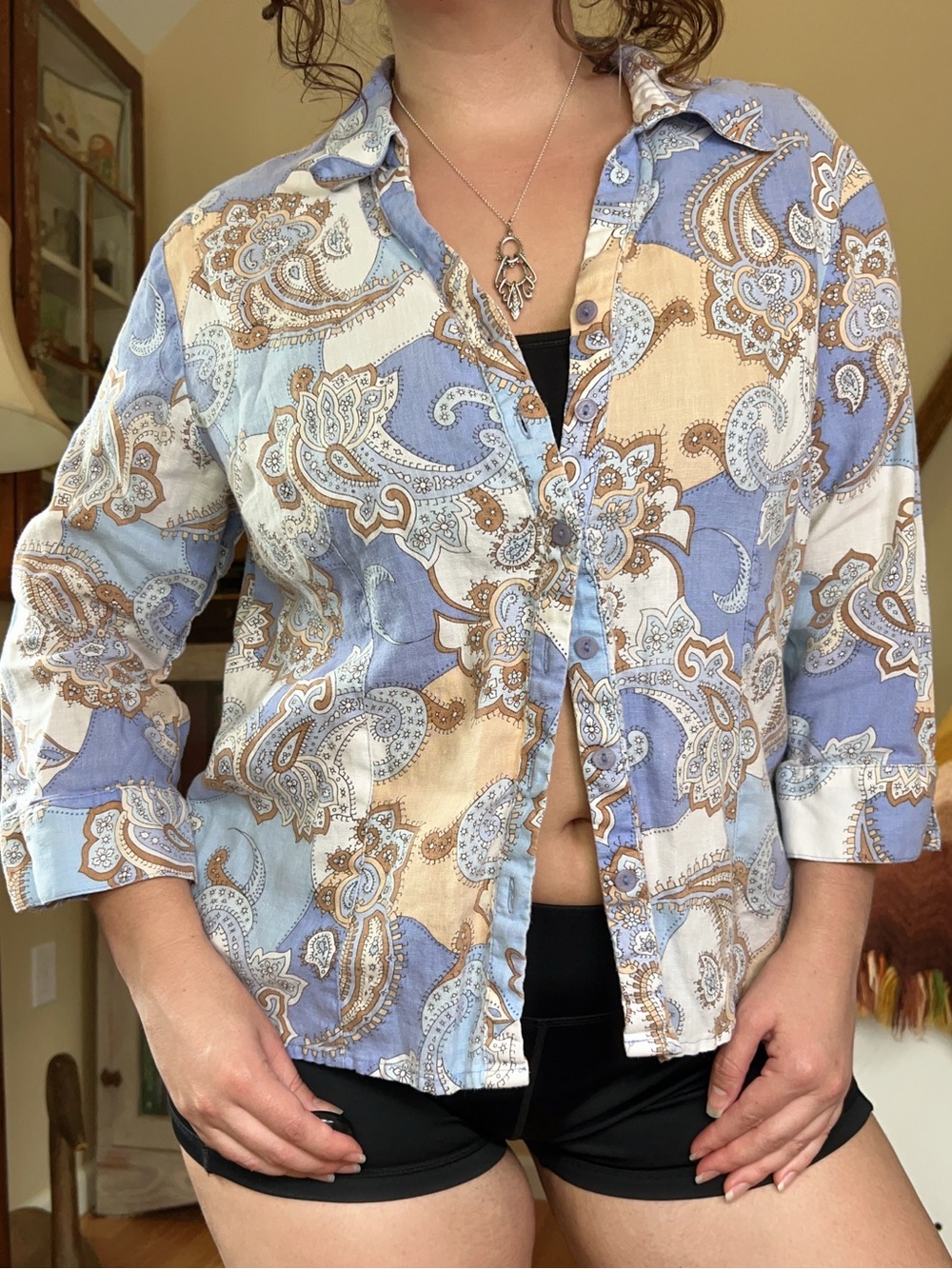 Periwinkle 100% Linen Pastel Paisley Button Up Blouse 3/4 Sleeve Boho Top 14 P